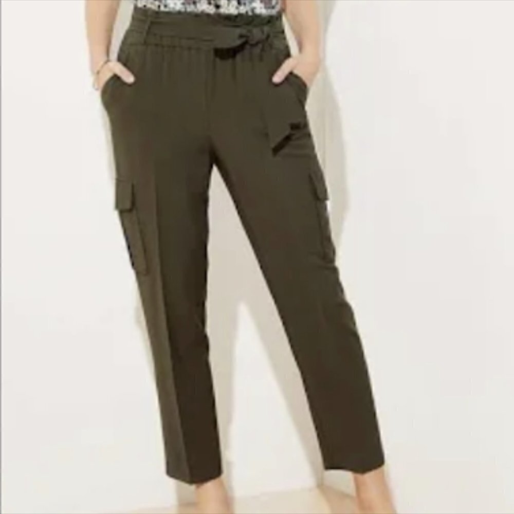 NWT Ann Taylor LOFT Pant Trouser Cargo Utility Belt Tie Waist Olive Green XL - Picture 2 of 12